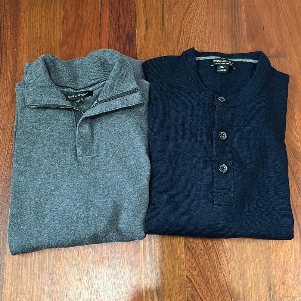 2 Banana Republic sweaters. Navy, extra fine merino and grey cotton.